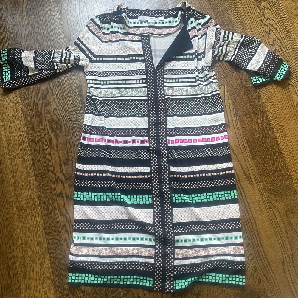 DVF Striped Geometric Pattern Tunic Dress - Black, White, Teal, Pink
